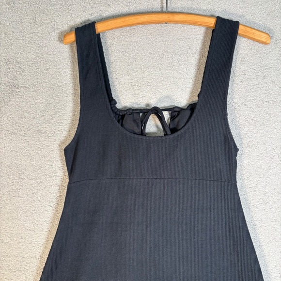 FP Beach Black Ribbed Mini Dress Size L Button Front Cutout Tie Neck Free People - Picture 9 of 12